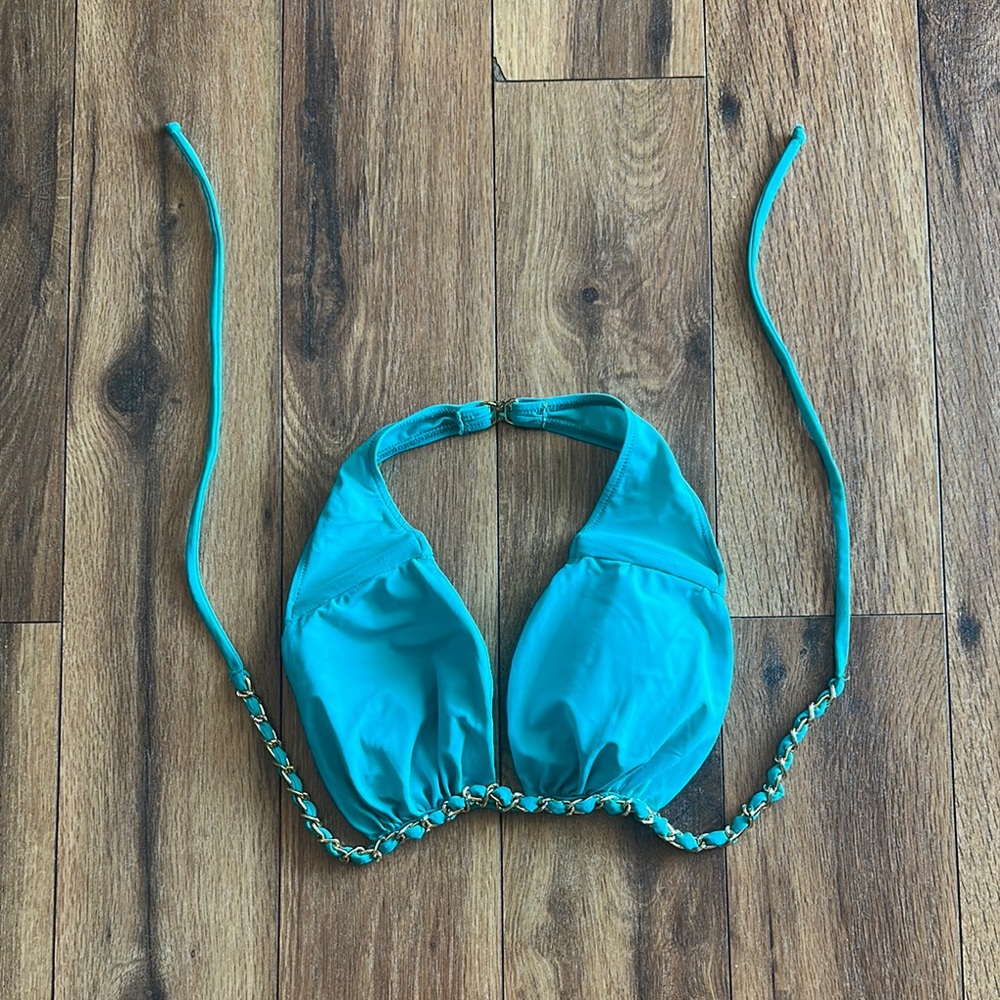 Sauvage California Teal Halter Bikini Top with Braided Detail